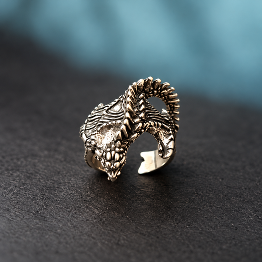 Silver-Tone Sculptural Dragon Ring for Men