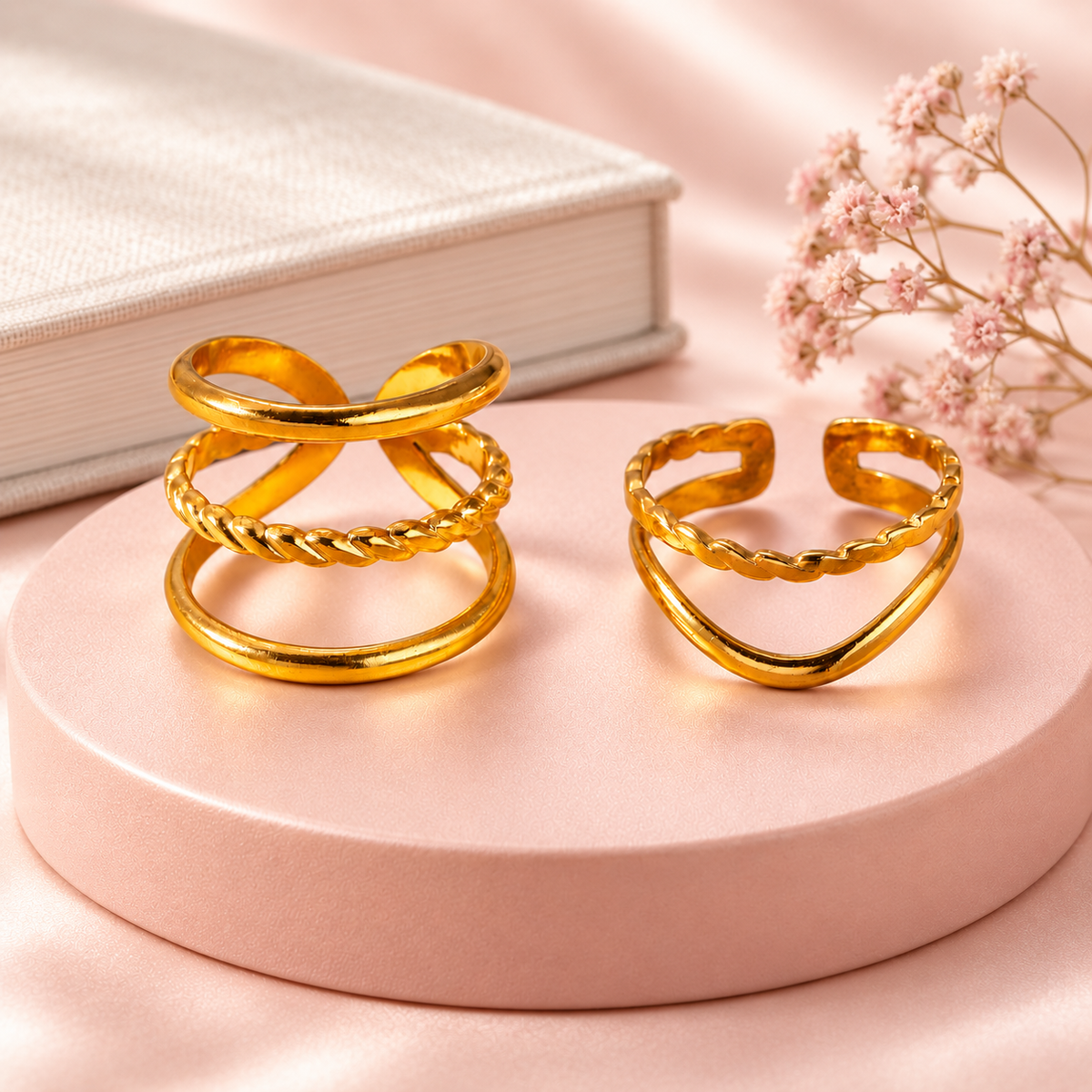 Gold-Tone Layered Ring Designs in a styled product photograph