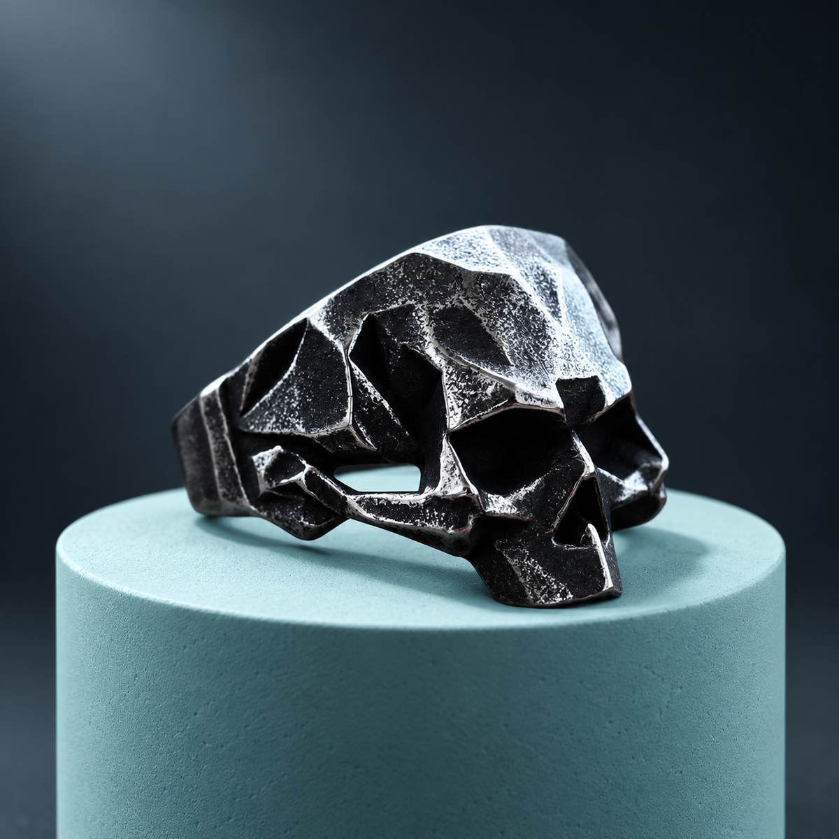 Angular Skull Ring in a styled product view.