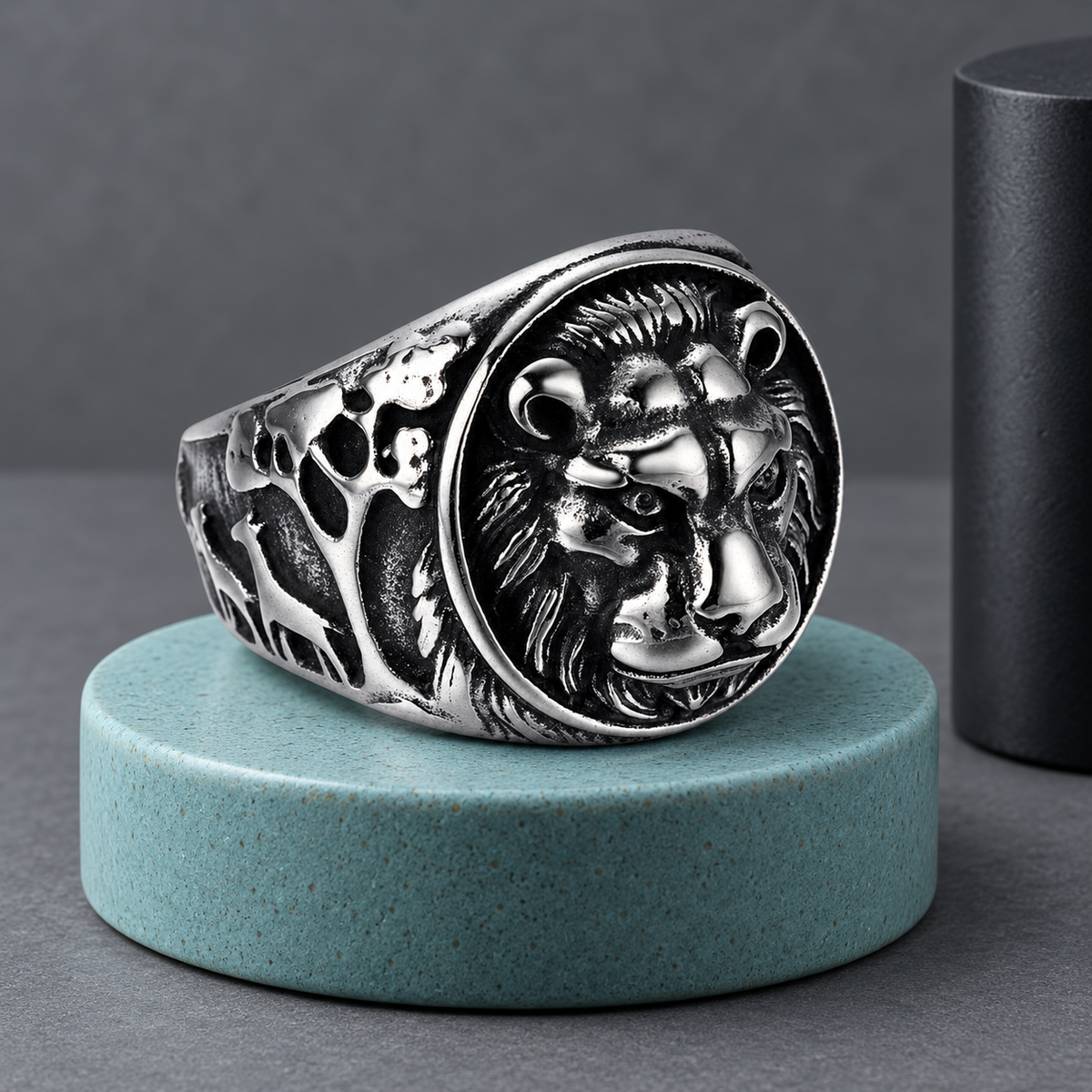 Dark Silver-Tone Lion-Face Ring for Men - photo 7