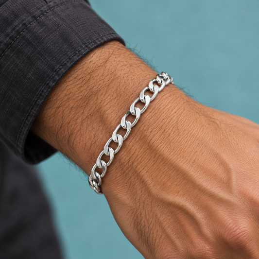 Urban Edge silver-tone curb chain bracelet styled on a man's wrist