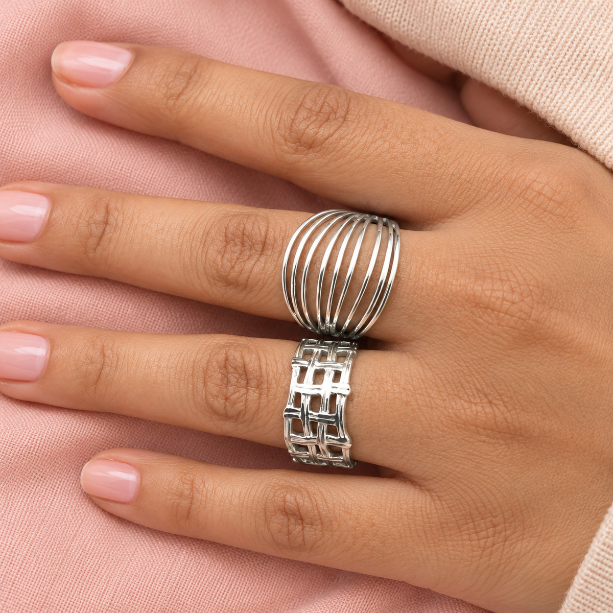 Silver-Tone Fan and Lattice Ring Designs