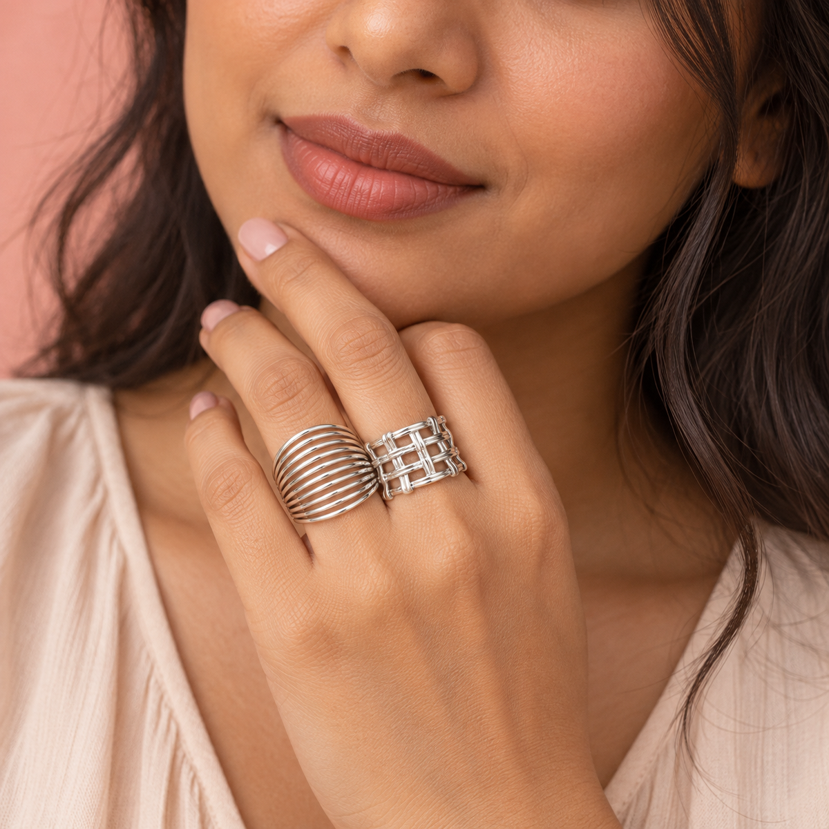 Silver-Tone Fan and Lattice Ring Designs