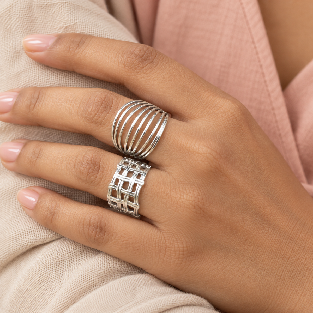 Silver-Tone Fan and Lattice Ring Designs