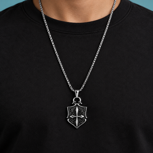 Shield-Motif Pendant Necklace for Men