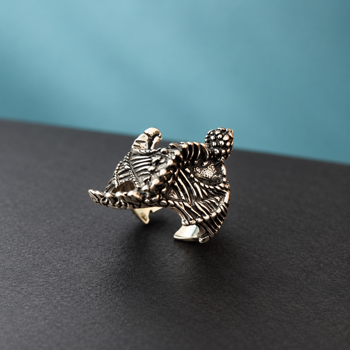 Silver-Tone Sculptural Dragon Ring for Men