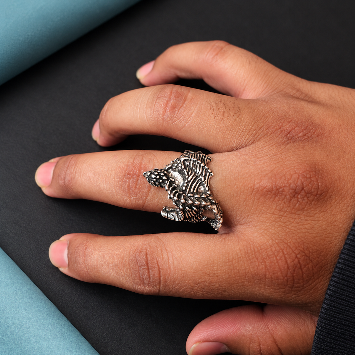 Silver-Tone Sculptural Dragon Ring for Men