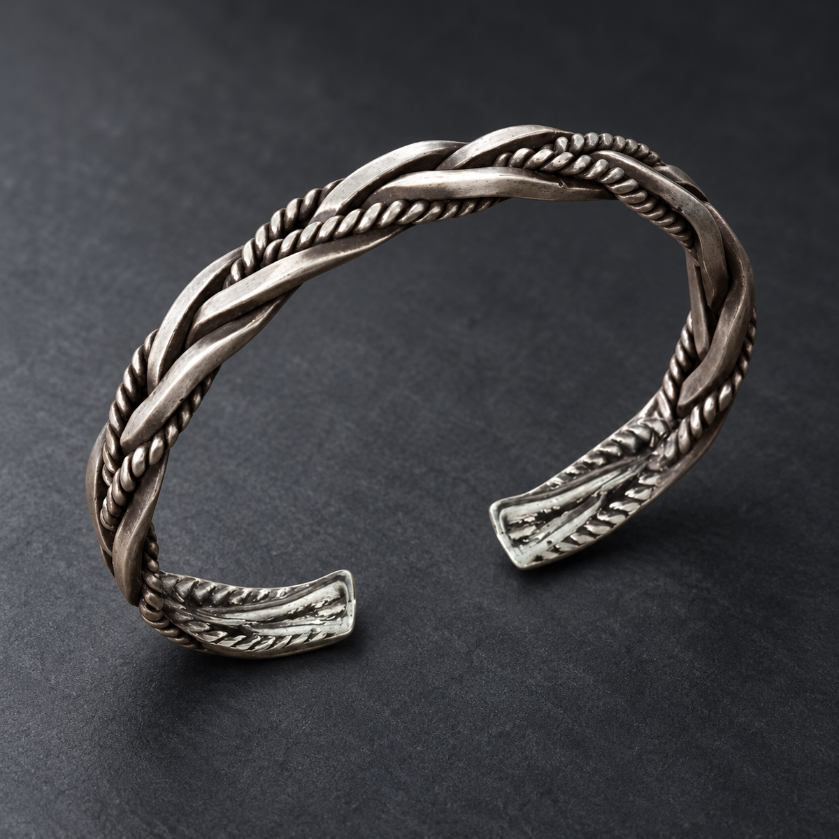 Silver-tone braided open cuff bracelet with rope-textured detailing