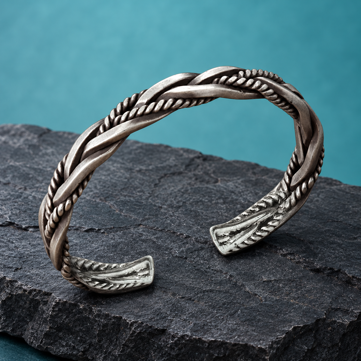 Silver-tone braided open cuff bracelet with rope-textured detailing