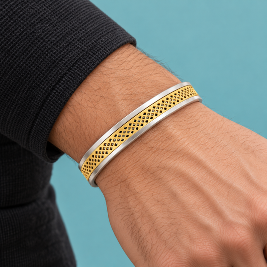 Two-tone lattice cuff styled on a wrist
