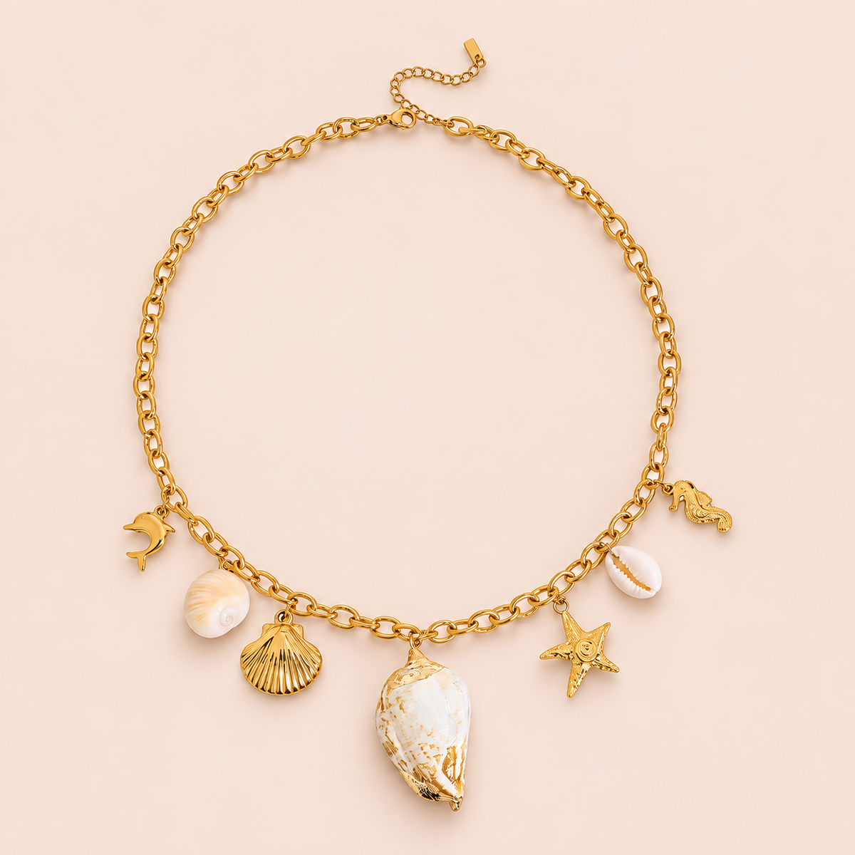 Gold-tone necklace with seven marine-themed charms