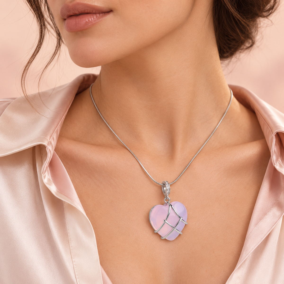 Pink-lilac heart pendant necklace with crossing silver-tone bands