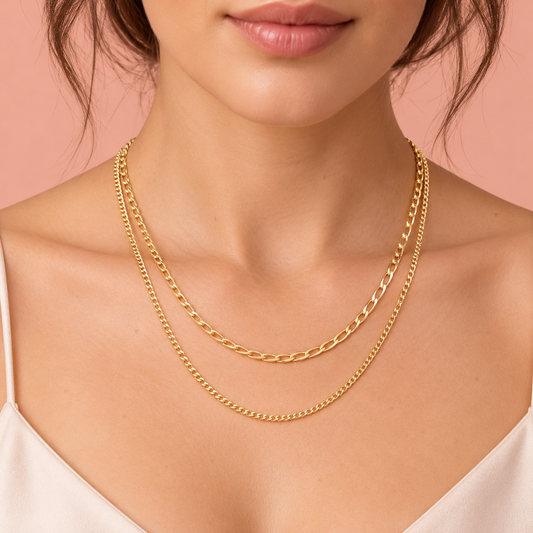 Gold-tone necklace shown with two chain layers of different link sizes