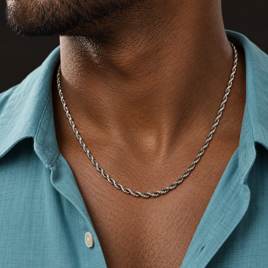 Silver-tone necklace with a twisted rope-chain pattern