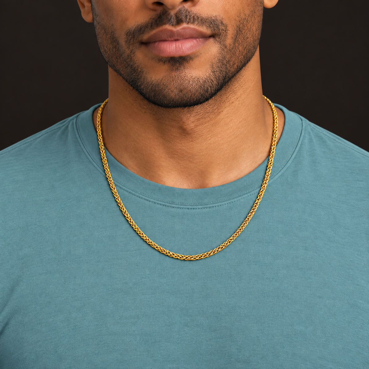 Gold-tone necklace with a woven wheat-style chain