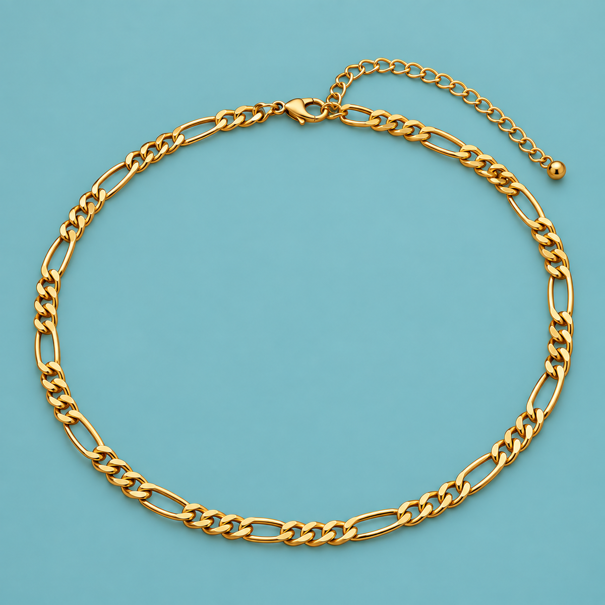 Gold-Tone Figaro Chain Necklace for Men on a teal background