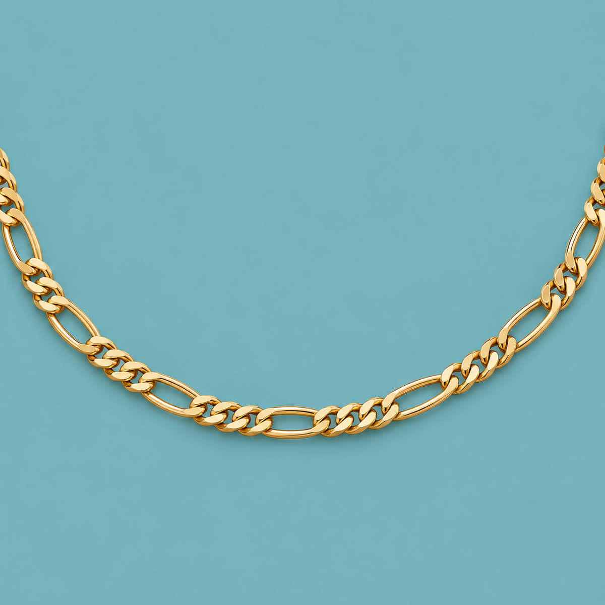 Gold-Tone Figaro Chain Necklace for Men link detail on a teal background