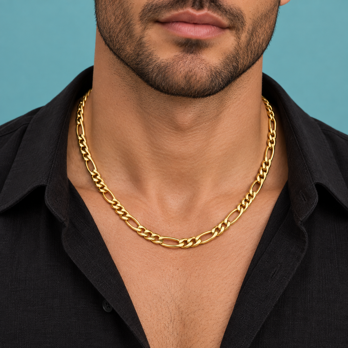 Bold Gold-Tone Figaro Necklace for Men worn with a black shirt
