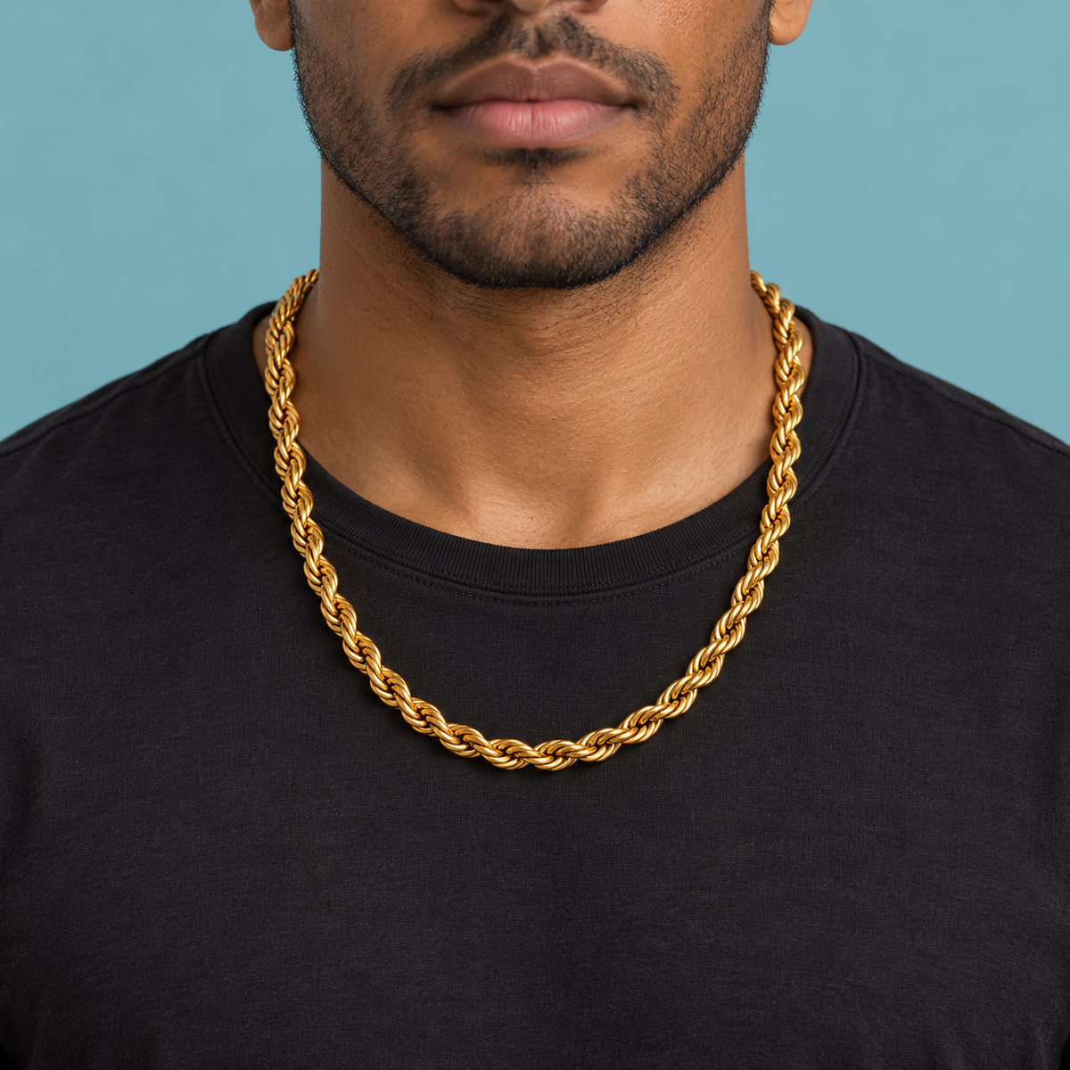 Bold Gold-Tone Rope Necklace for Men worn over a black T-shirt