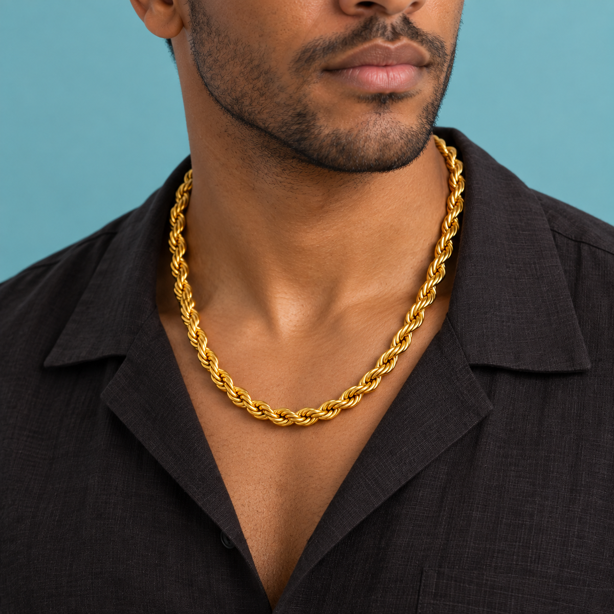 Bold Gold-Tone Rope Necklace for Men worn at an open shirt collar