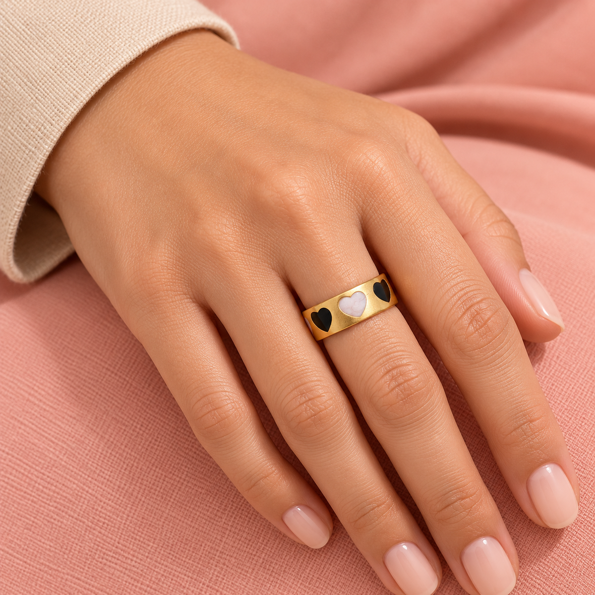 Gold-Tone Heart Cuff Ring for Women worn on a hand