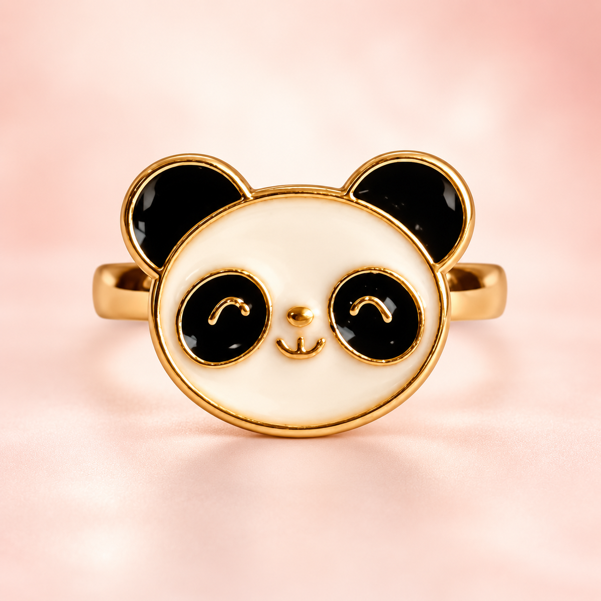 Black-and-white panda face ring with gold-tone band