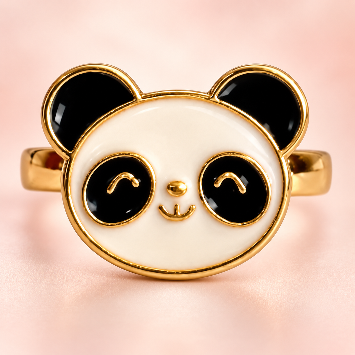 Black-and-white panda face ring with gold-tone band