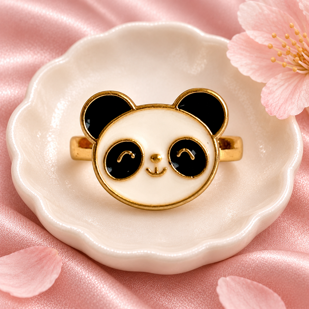 Black-and-white panda face ring with gold-tone band