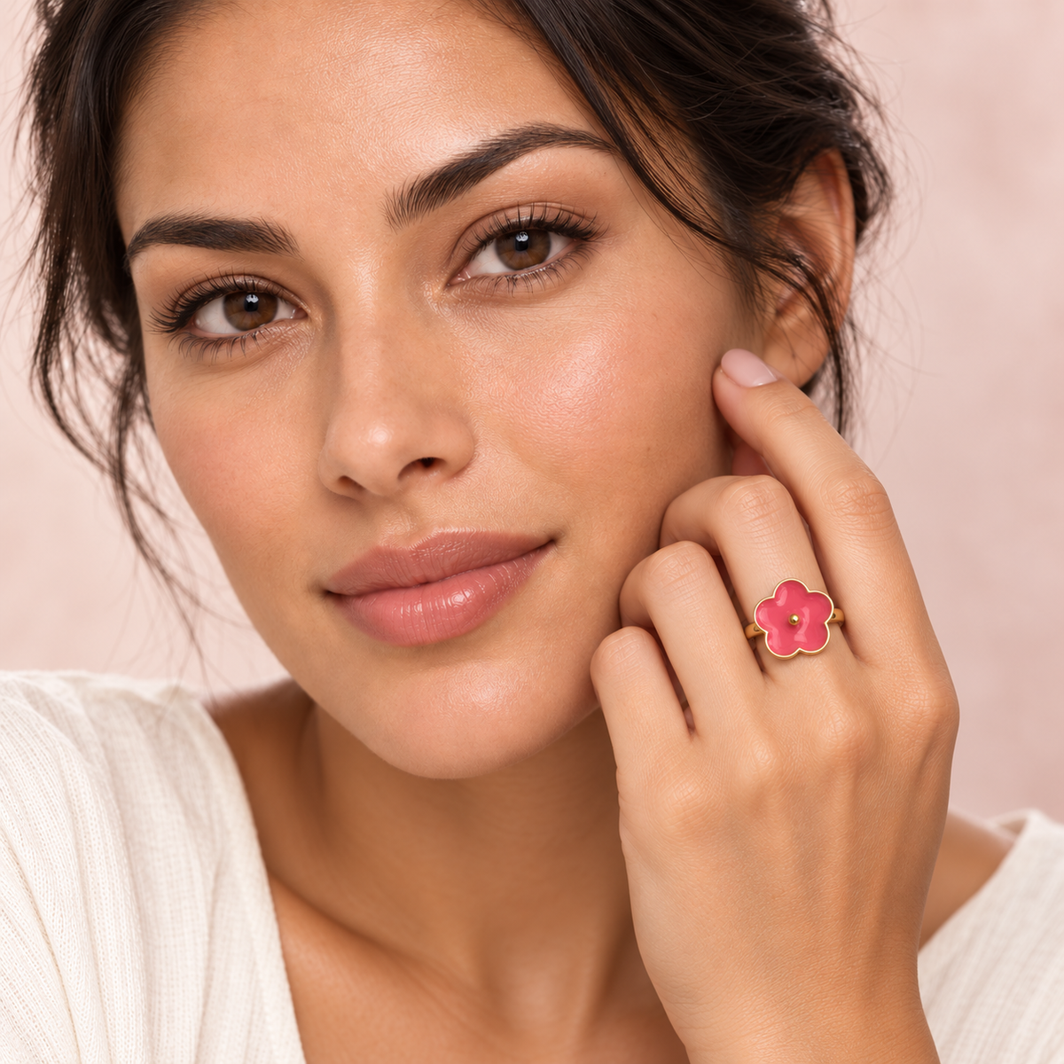 Pink Flower Ring worn on a hand