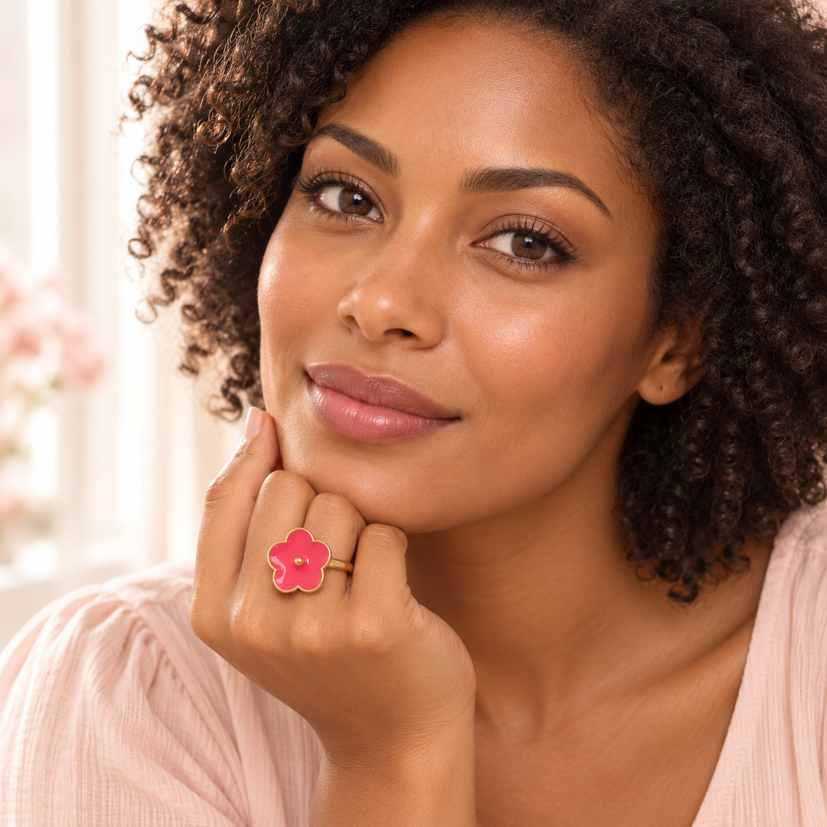 Pink Flower Ring worn on a hand