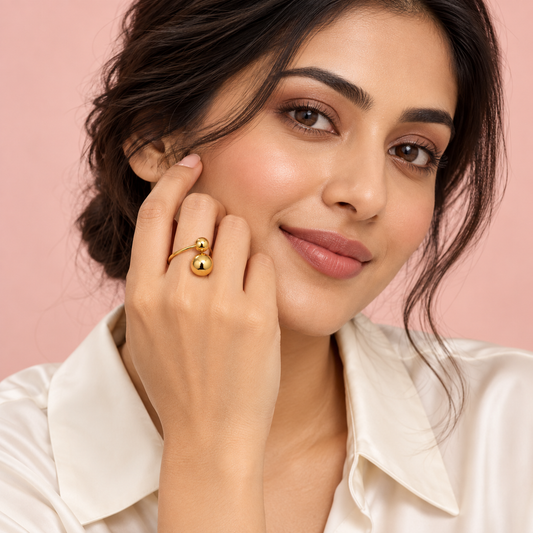 Gold-Tone Double-Sphere Open Ring for Women worn on a hand
