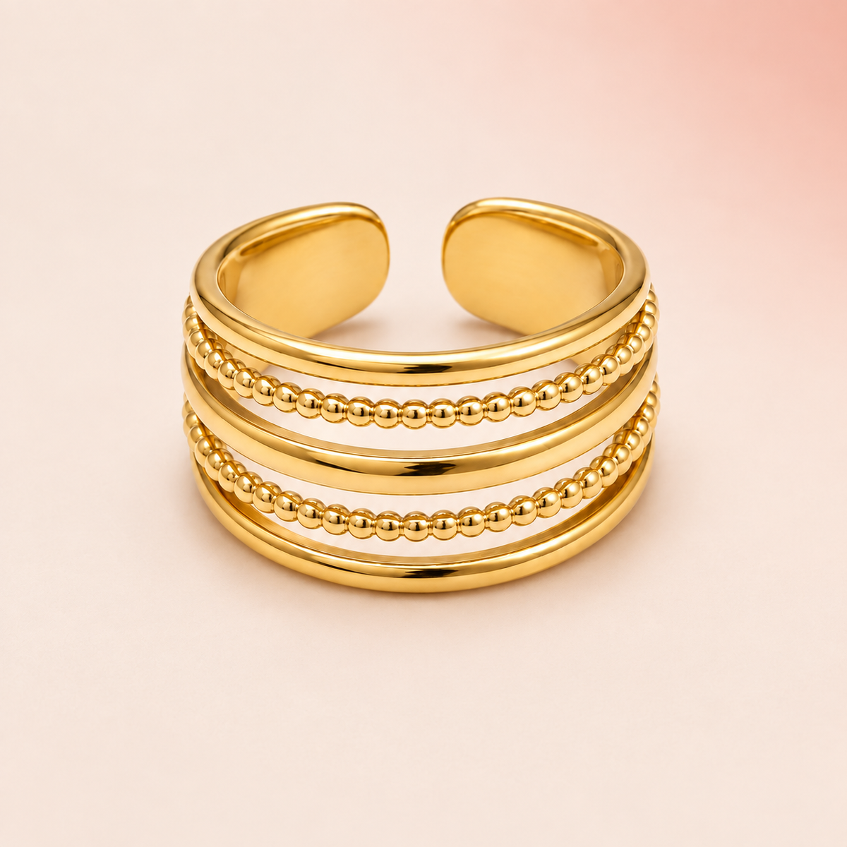 Gold-tone multi-row ring with two beaded rows