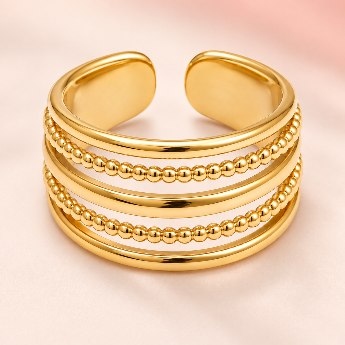 Gold-tone multi-row ring with two beaded rows