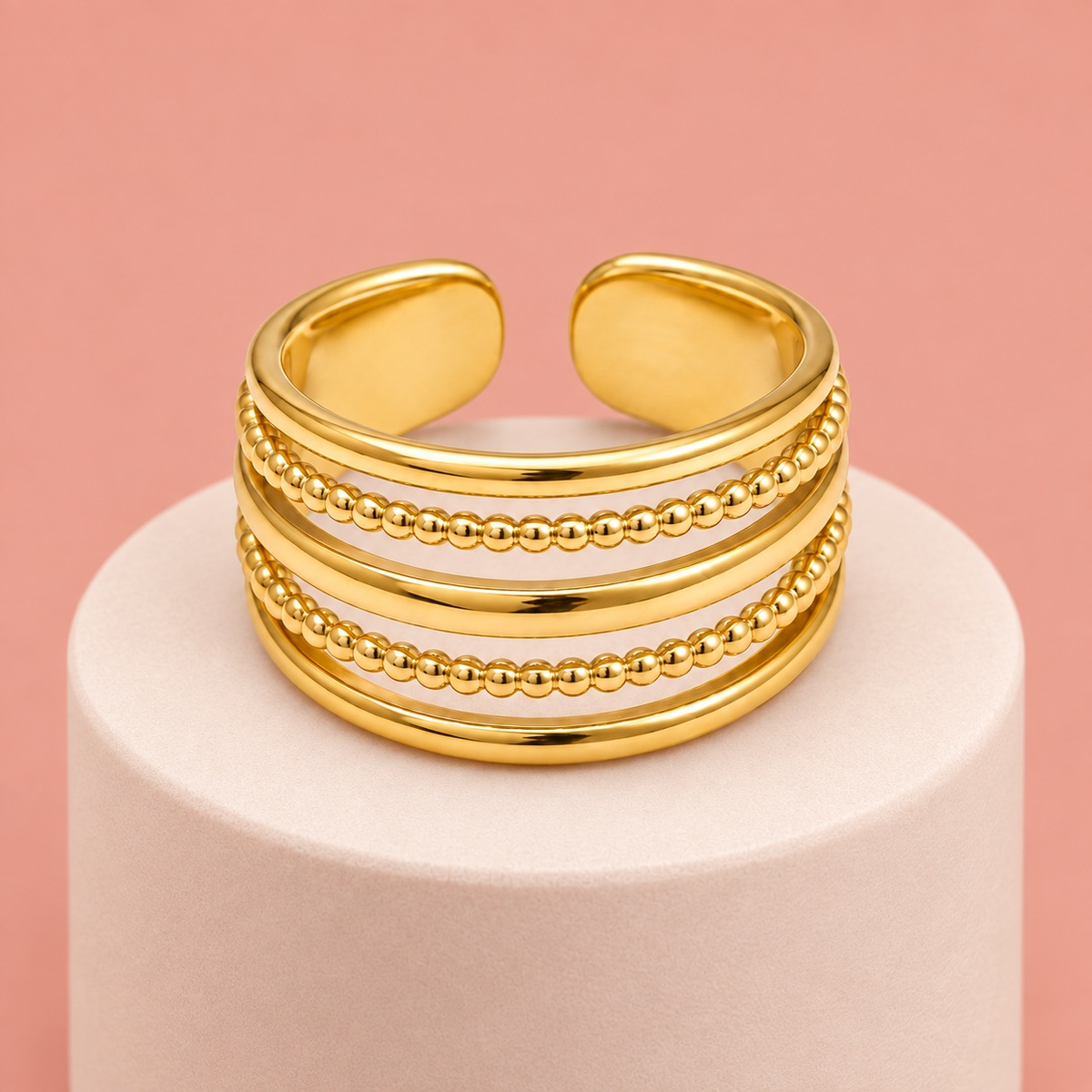 Gold-tone multi-row ring with two beaded rows