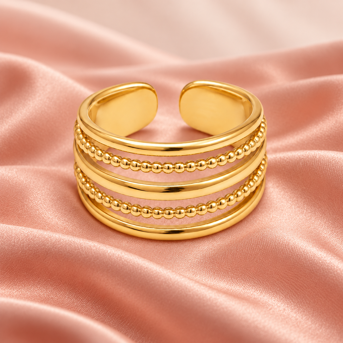 Gold-tone multi-row ring with two beaded rows