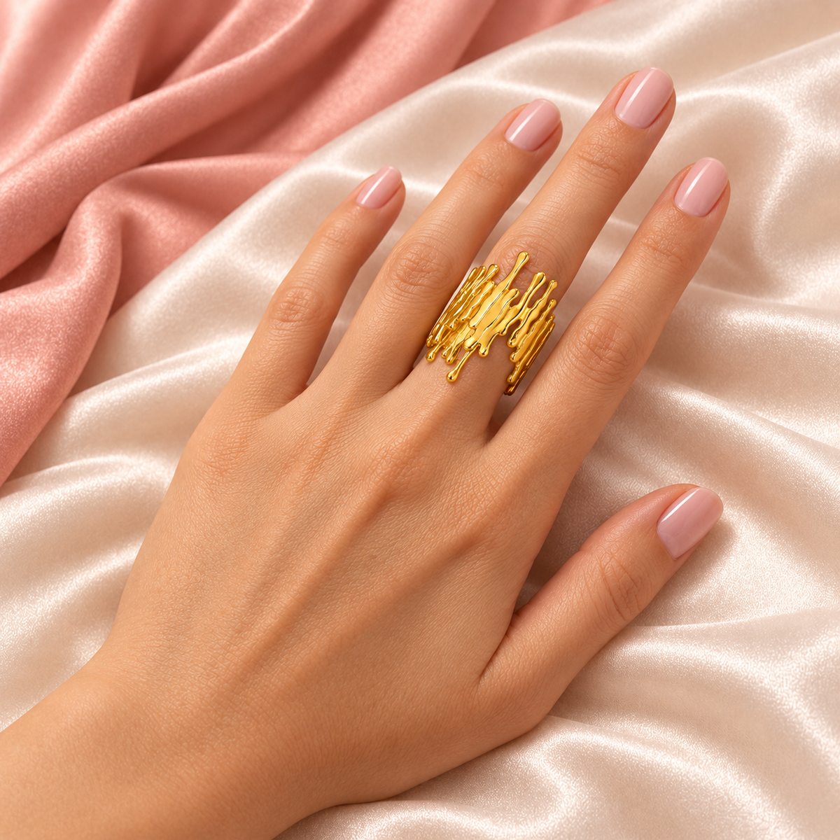 Gold-tone open ring with irregular drip-shaped edges styled on a hand