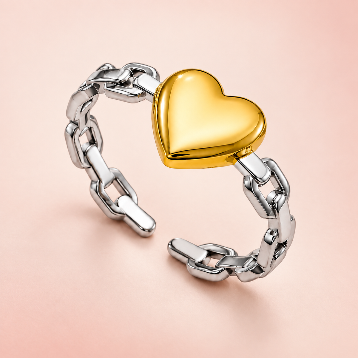 Two-tone open ring with a gold-tone heart and silver-tone link band