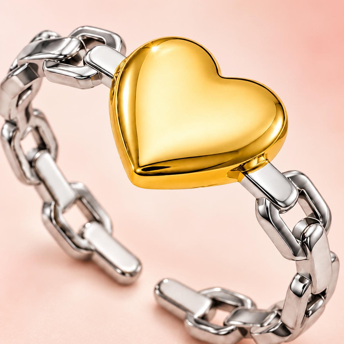 Two-tone open ring with a gold-tone heart and silver-tone link band