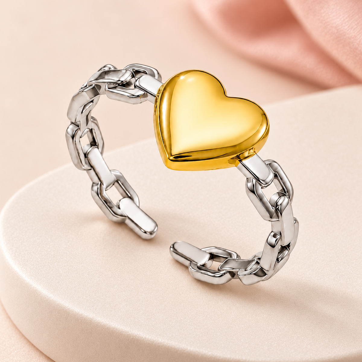 Two-tone open ring with a gold-tone heart and silver-tone link band