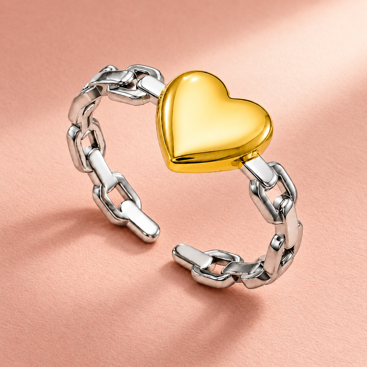 Two-tone open ring with a gold-tone heart and silver-tone link band