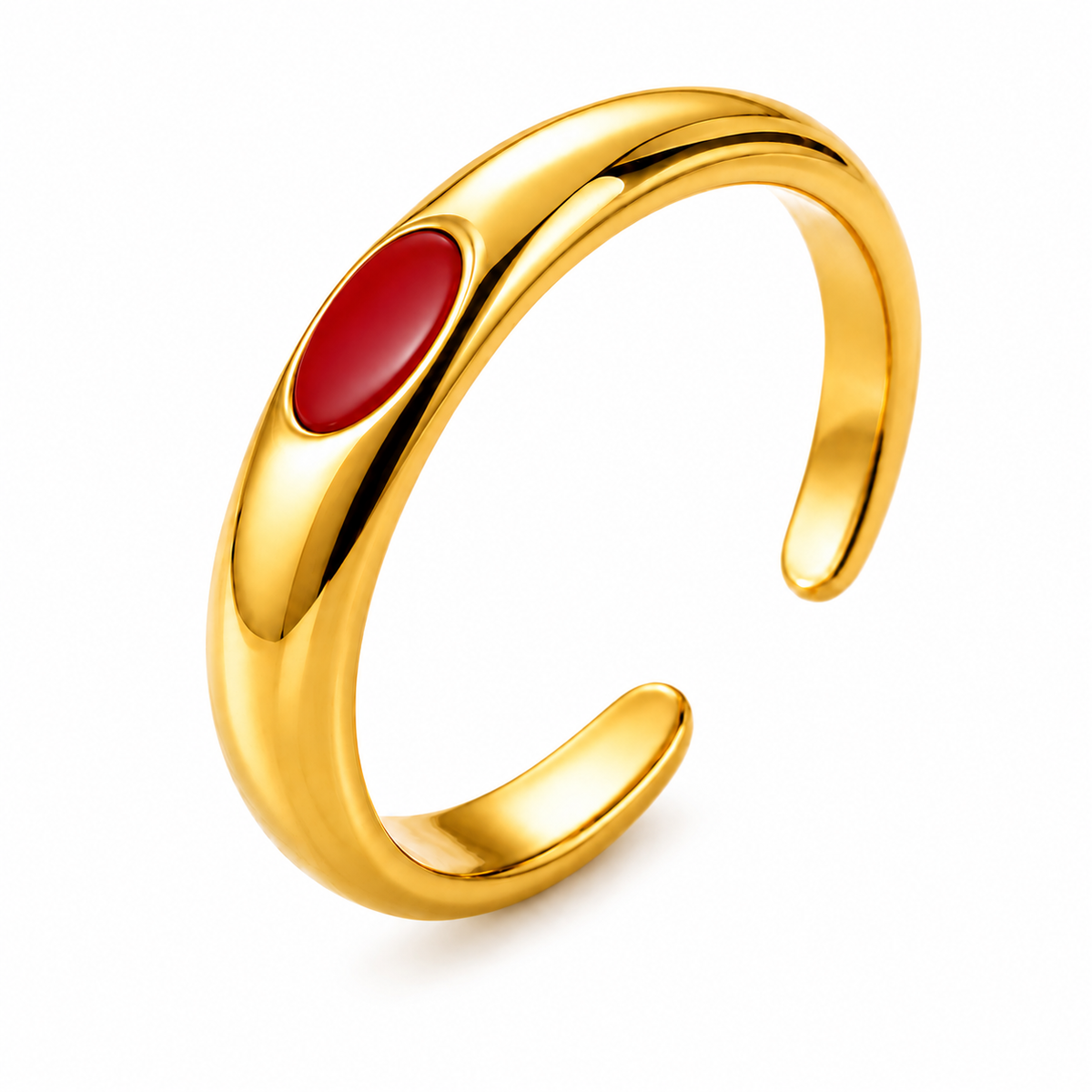 Gold-tone ring with red oval detail, product view.