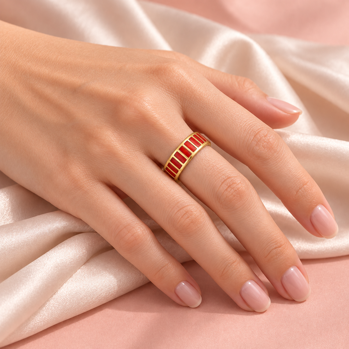 Gold-tone ring with red stripes, shown on a hand from another angle.