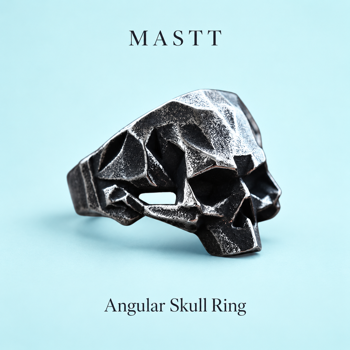 Angular Skull Ring in a styled product view.