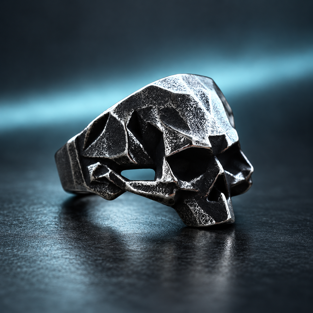 Angular Skull Ring in a styled product view.