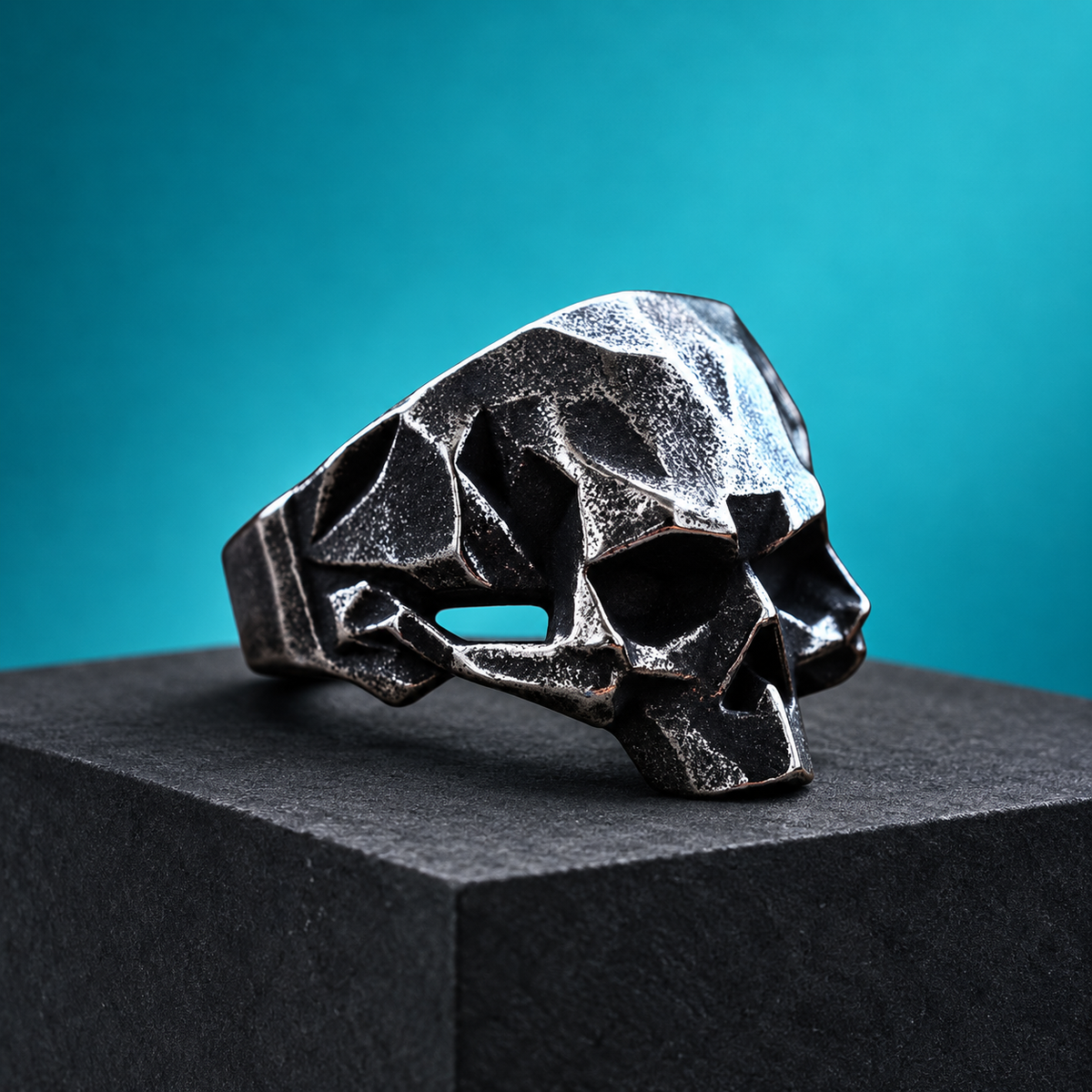 Angular Skull Ring in a styled product view.