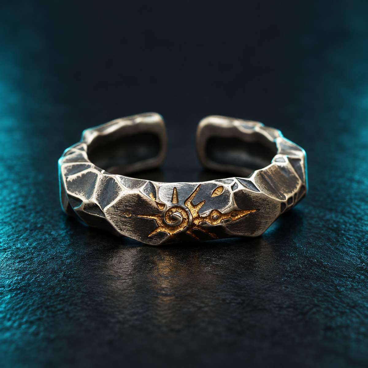 Dark Silver-Tone Spiral-Motif Open Ring for Men in a styled product view.