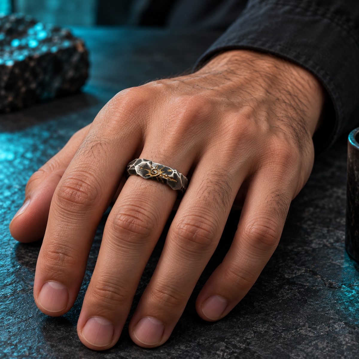 Dark Silver-Tone Spiral-Motif Open Ring for Men shown on a hand.