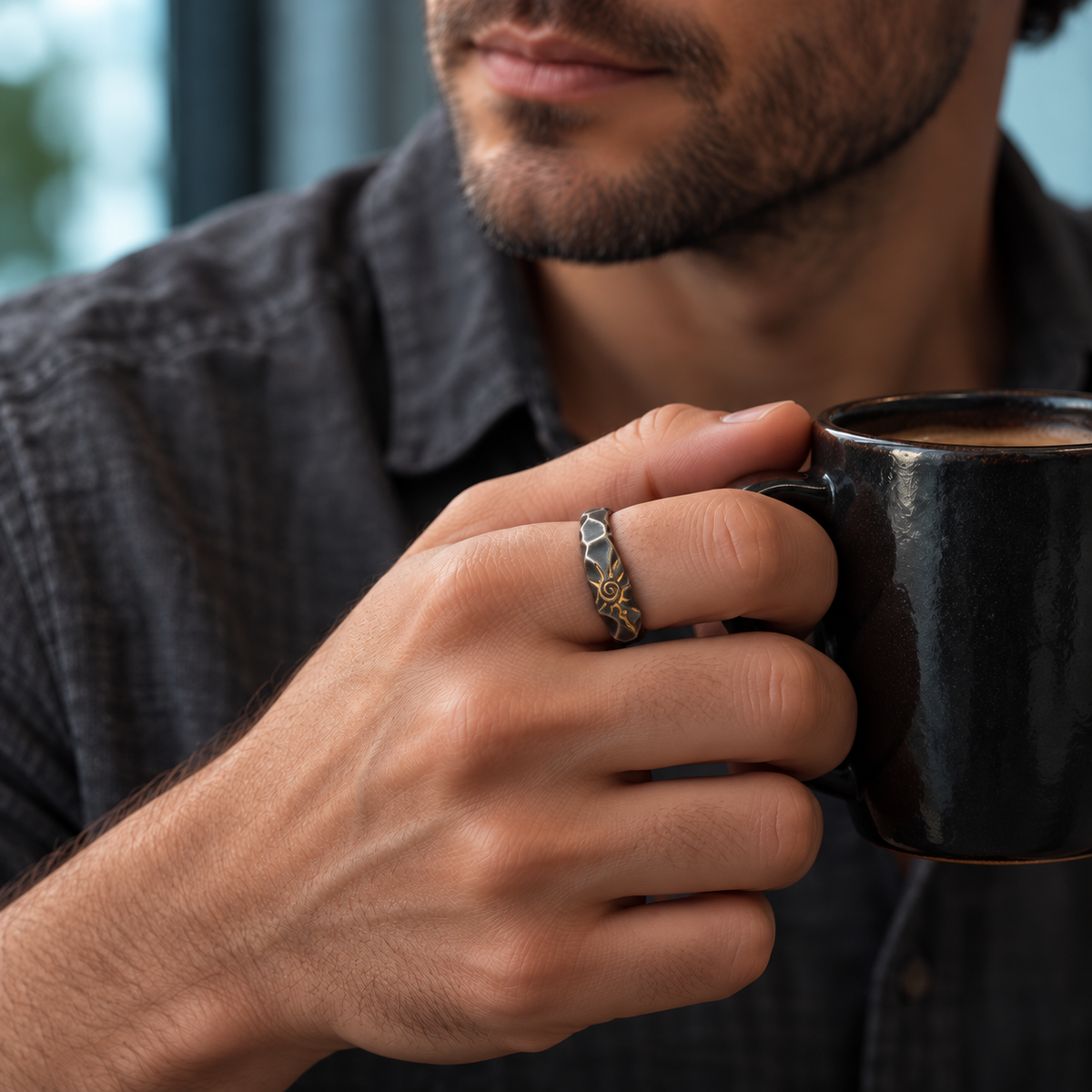 Dark Silver-Tone Spiral-Motif Open Ring for Men shown on a hand.