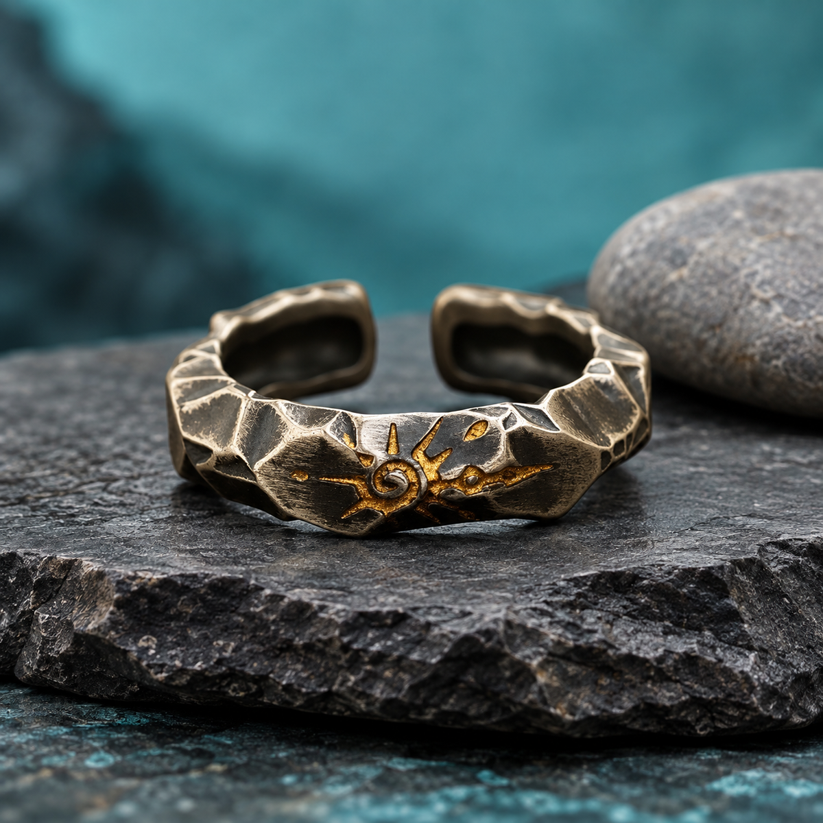 Dark Silver-Tone Spiral-Motif Open Ring for Men in a styled product view.