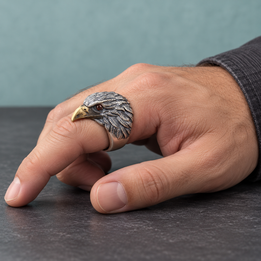Two-Tone Bird-Head Ring shown on a hand.